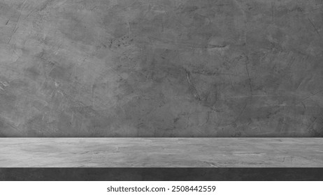 Rough cement wall room interior texture backdrop background and floor counter concrete perspective well stage display product advertising studio and text present on free space  