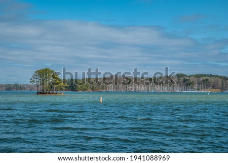 Rough choppy waters on Lake Lanier, Georgia on a sunny windy day in early spring with a island and marina full of boats docked with the woodlands in the background