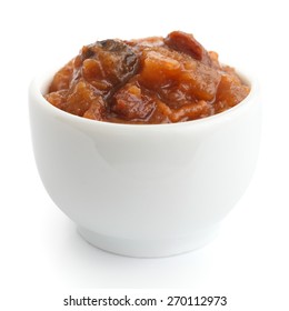 Rough Fruit Chutney In Small White Dish.