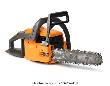 Rough Orange Chain Saw Side View Isolated On White