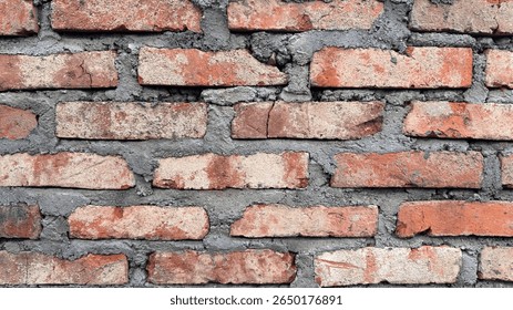 Rough, rustic red brick wall with visible grey mortar joints, showcasing a textured and aged surface.