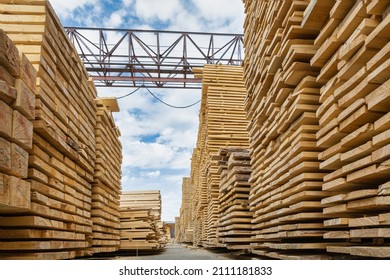 Rough Sawn Timber From Spruce And Pine Stacked In A Sawmill Inside A Warehouse. Wooden Background For Text.