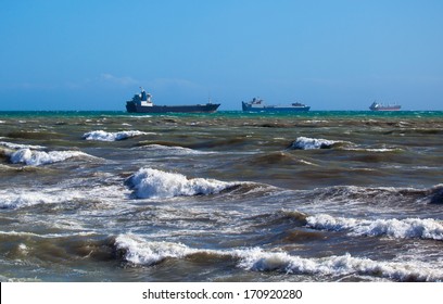 Rough Sea With Container Ship In The Background