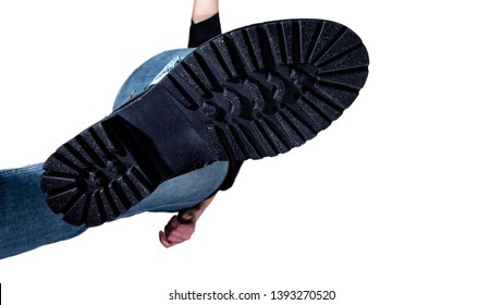 The Rough Sole Of The Shoe, A Bottom View, A Man Coming From The Top, Crush, Isolated On White Background, Man Walking Bottom View