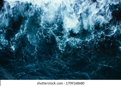 Rough Stormy Blue Ocean Waves With White Foam, Aerial View.
