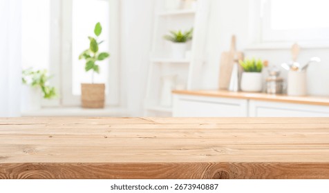 Rough wooden texture board in front of blurred rustic kitchen corner interior background. No AI used