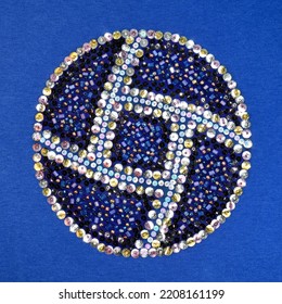 Round Abstract Geometric Pattern Embroidered With Sequins And Glass Beads  Over Blue Jersey Fabric