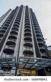 Round balconies create an interesting pattern the reaches toward the sky.