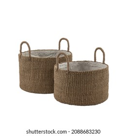 round baskets with handles in natural abaca. isolated white background