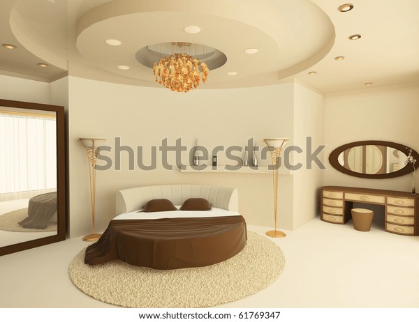 Round Bed Suspended Ceiling Luxurious Bedroom Stock Photo