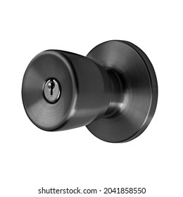 Round Black Brushed Metal Door Knob, Handle. Furniture For Doorways. Black Decorative Element Isolated On White Background With Clipping Path. Series Of Furniture