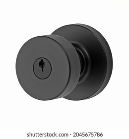 Round Black Brushed Metal Door Knob, Handle. Furniture For Doorways. Black Decorative Element Isolated On White Background With Clipping Path. Series Of Furniture