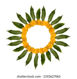 Round border with blank space made with marigild flowers and mango leaves. Hindu religious objects and elements for auspicious evenets, Diwali and wedding ceremony etc.   - Shutterstock ID 2192627065