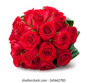 Round Bouquet Of Red Roses Over White Background