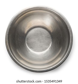 Round Bowl, Made Of Stainless Steel, For Mixing Ingredients And Food Containers In Isolated On White Background With Clipping Path. Top View.