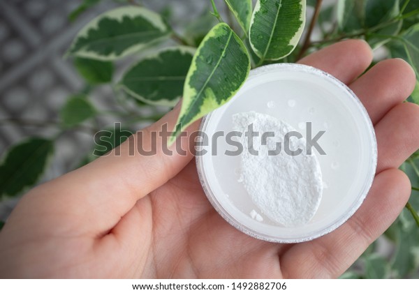 Round box of\
mineral powder in the female palm in a natural environment. Top\
view, close-up, beauty care\
trends