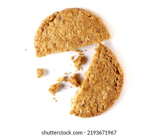 Round Broken Wholewheat Biscuit With Oat Meal And Pieces Of Fruit Isolated On White, Top View