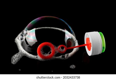 Round Bubble Wand, Toy For Children With Colorful Bubble Isolated On Black Background, Top View