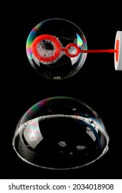 Round Bubble Wand, Toy For Children With Colorful Bubble Isolated On Black Background, Top View