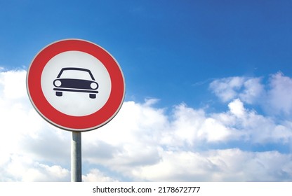 Round car sign transit prohibited for cars on a blue sky background. Car road sign, prohibition red sign. - Shutterstock ID 2178672777