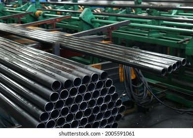 Round Carbon Steel Pipe In Cutting Process, Selective Focus.