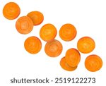 Round carrot slices in air on white background