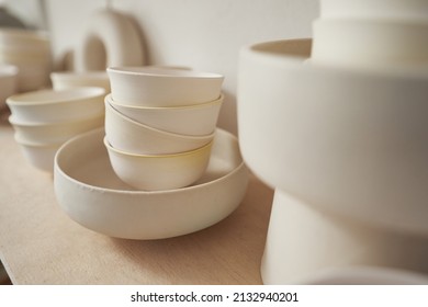 Round Ceramic Dish And Teabowls In Pottery Studio