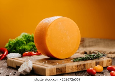 Round cheese wheel on a wooden board with fresh vegetables and spices in a rustic kitchen setup - Powered by Shutterstock