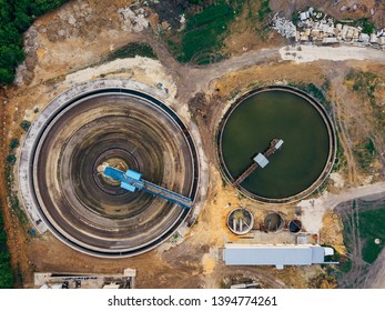 Round Clarifiers At Wastewater Treatment Plant, Top View From Drone