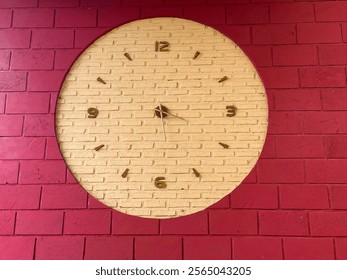 Round clock in red brick wall.copy space.