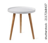 Round coffee table or end table isolated on white background with clipping path. Small round white table with 3 legs on white background.