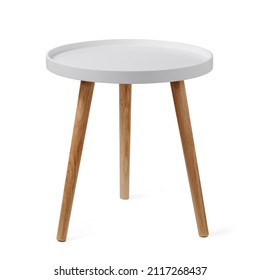 Round coffee table or end table isolated on white background with clipping path. Small round white table with 3 legs on white background. - Shutterstock ID 2117268437