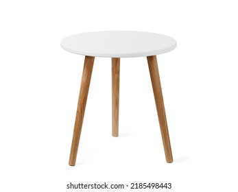 Round coffee table or end table in scandinavian style, isolated on white background with clipping path. Small round white table with 3 wooden legs on white background. - Shutterstock ID 2185498443
