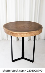 Round Coffee Table With Live Edge Wooden Top And Metal Base