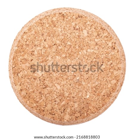 Round cork board isolated on white background, close up. Cork table coaster. File contains clipping paths. Space for text.