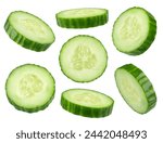 Round cucumber slices from different angles isolated on a white background.