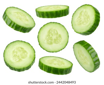 Round cucumber slices from different angles isolated on a white background.