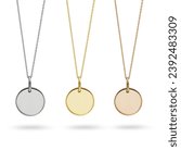 Round Disc Gold Pendant Necklaces on Chains with White Yellow and Rose Gold Isolated on White Background