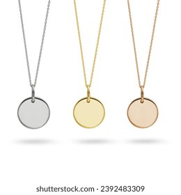 Round Disc Gold Pendant Necklaces on Chains with White Yellow and Rose Gold Isolated on White Background