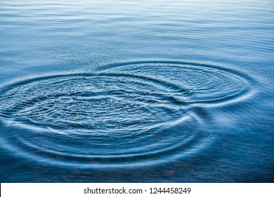 Round droplets of water over the circles on the water. Water drop, whirl and splash. Ripples on sea texture pattern background. Desktop or laptop wallpaper. Closeup water rings affect the surface.