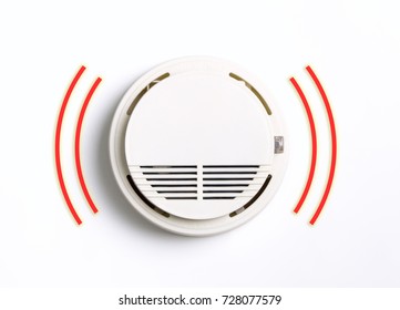 Round Fire Smoke Alarm Ringing Isolated On White