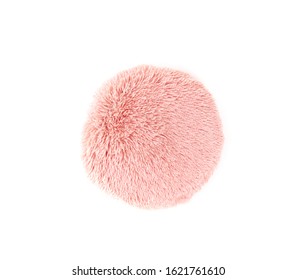 Round Fluffy Pink Pillow Isolated. Pink Soft Cushion Against The White. One Pillow With Decorative Fluffy Case. Top View.