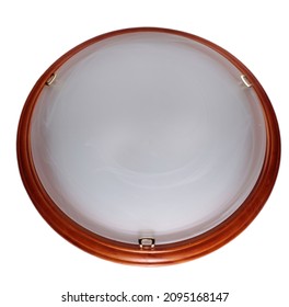 Round Flush Mount Alabaster White Glass Ceiling Light Wall Sconce With Wooden Frame Isolated On White Background