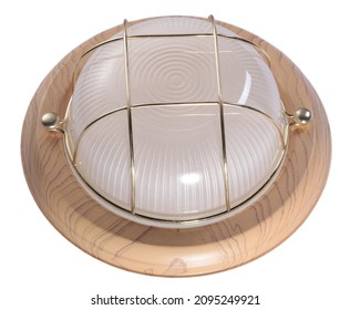 Round Flush Mount Ceiling Light Wall Sconce With Wooden Frame Isolated On White Background