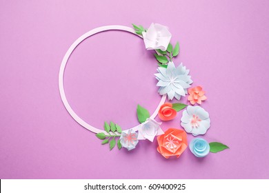 Round Frame With Color Paper Flowers On Purple Background. Cut From Paper. Place Your Text