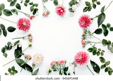 Round Frame With Pink Flower Buds, Branches And Leaves Isolated On White Background. Lay Flat, Top View