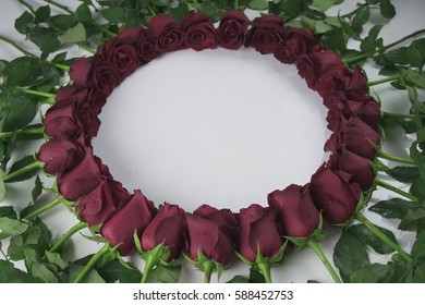Round frame of red roses with water droplets on a white background