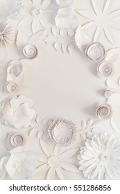 Round Frame With White Paper Flowers On White Background. Cut From Paper.