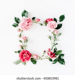 Round Frame Wreath Pattern With Roses, Pink Flower Buds, Branches And Leaves Isolated On White Background. Flat Lay, Top View