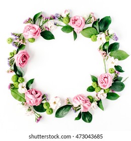 Round Frame Wreath Pattern With Roses, Pink Flower Buds, Branches And Leaves Isolated On White Background. Flat Lay, Top View